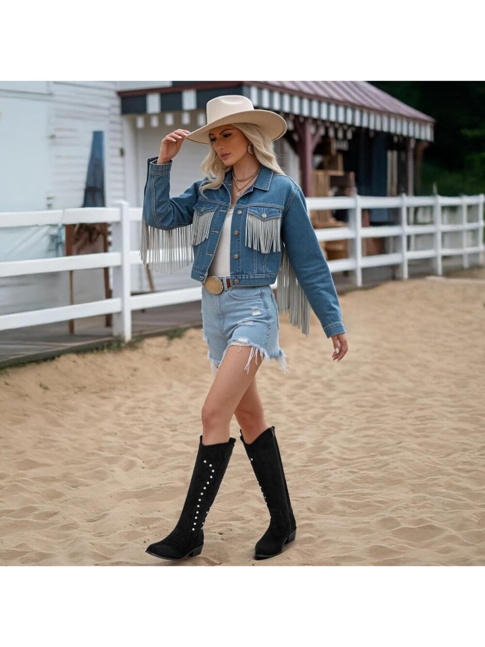 Women's Black Western Knee High Wide Calf Suede Cowgirl Boots Comfortable - Picture 3 of 5